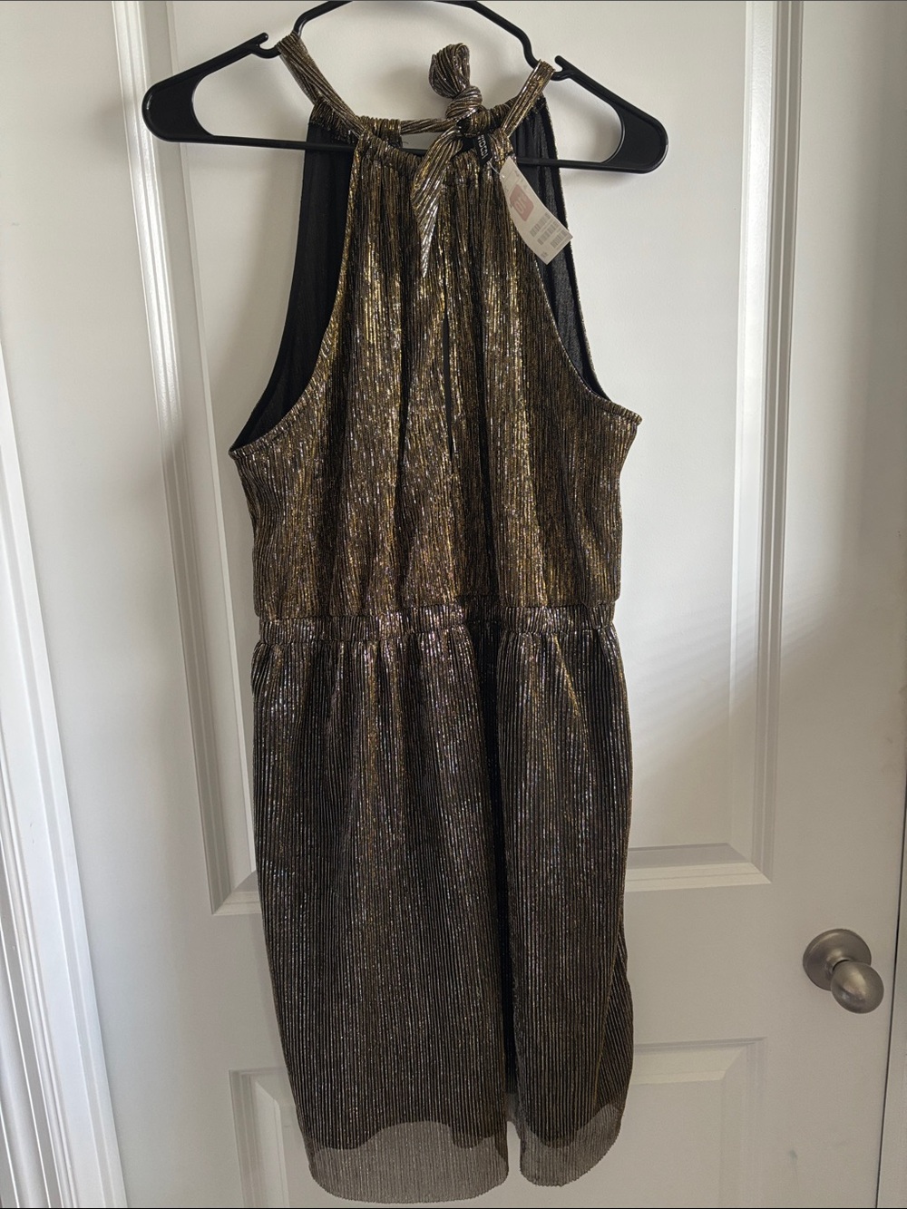 Divided Metallic Gold and Black Halter Mini Dress